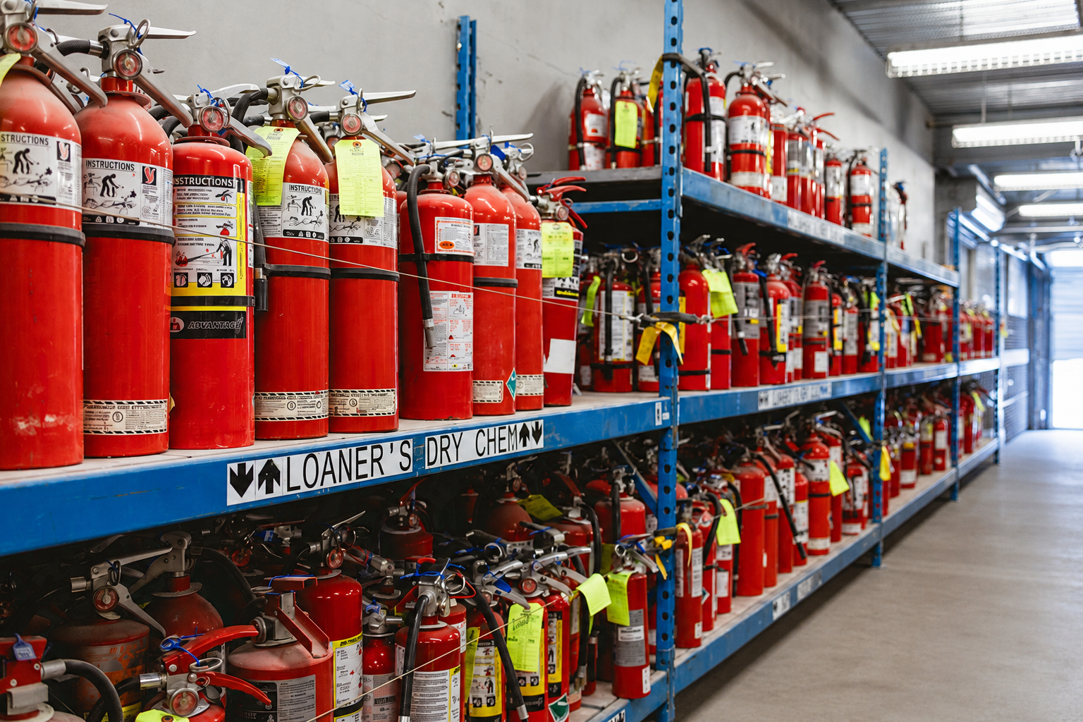Shelves of fire extinguishers on clean organized shelves in a warehouse. Shelves are labeled Loaner's Dry Chem.